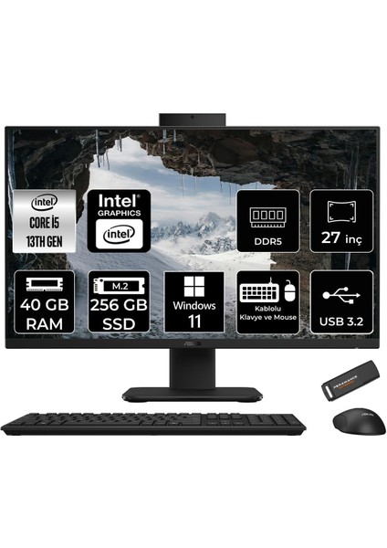 V470 Intel Core I5 13420H 40GB 256GB SSD 27" Fhd 100Hz Windows 11 Pro All In One Bilgisayar & Per4 USB Bellek V470I58512B0DP401