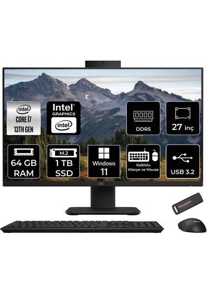 V470 Intel Core I7 13620H 64GB 1tb SSD 27" Fhd 100Hz Windows 11 Pro All In One Bilgisayar & Per4 USB Bellek V470I716512B0DP413