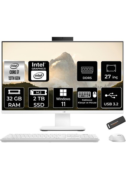 V470 Intel Core I7 13620H 32GB 2tb SSD 27" Fhd 100Hz Windows 11 Home All In One Bilgisayar & Per4 USB Bellek V470I716512W0DP359