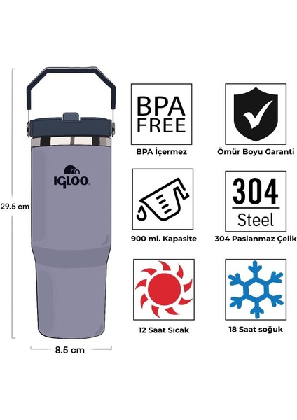 Powder Çelik Termos 900ML Duman Mavi 12SAAT SICAK/18SAAT Soğuk Saklama