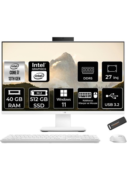 V470 Intel Core I7 13620H 40GB 512GB SSD 27" Fhd 100Hz Windows 11 Pro All In One Bilgisayar & Per4 USB Bellek V470I716512W0DP402