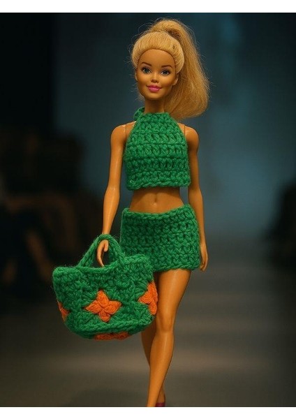 Barbie Bebek Için El Örgüsü 3 Parça Yazlık Kombin: Üst + Etek + Çanta