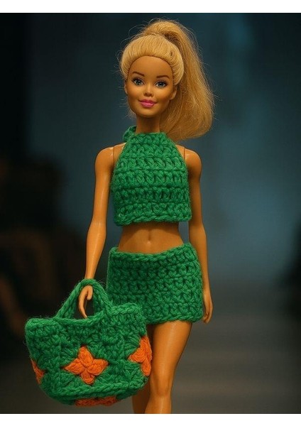 Barbie Bebek Için El Örgüsü 3 Parça Yazlık Kombin: Üst + Etek + Çanta modelleri