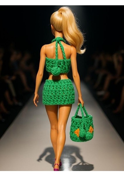 Barbie Bebek Için El Örgüsü 3 Parça Yazlık Kombin: Üst + Etek + Çanta fırsatları