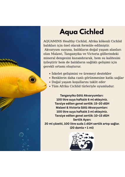 Aqua Cıchled – Cichlid (Ciklet) Balıkları Için Renk & Iskelet Gelişimi Mineral Desteği (100 Ml)