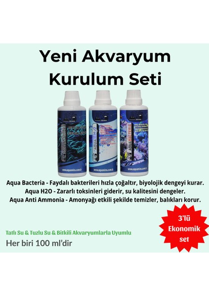 Yeni Akvaryum Kurulum Seti – Su Düzenleyici & Amonyak Giderici & Bacteria Desteği (3X100 Ml) fiyatları