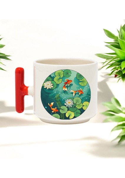 Akvaryum Tasarımlı Kırmızı T Kulplu Seramik Baskılı Kupa Bardak 250 ml