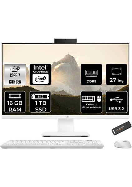 V470 Intel Core I7 13620H 16GB 1tb SSD 27" Fhd 100Hz Freedos All In One Bilgisayar & Per4 USB Bellek V470I716512W0DP308