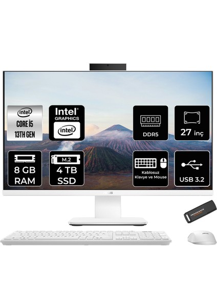 V470 Intel Core I5 13420H 16GB 256GB SSD 27" Fhd 100Hz Freedos All In One Bilgisayar & Per4 USB Bellek V470I58512W0DP306