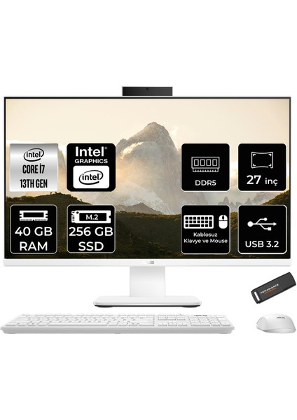 V470 Intel Core I7 13620H 40GB 256GB SSD 27" Fhd 100Hz Freedos All In One Bilgisayar & Per4 USB Bellek V470I716512W0DP321