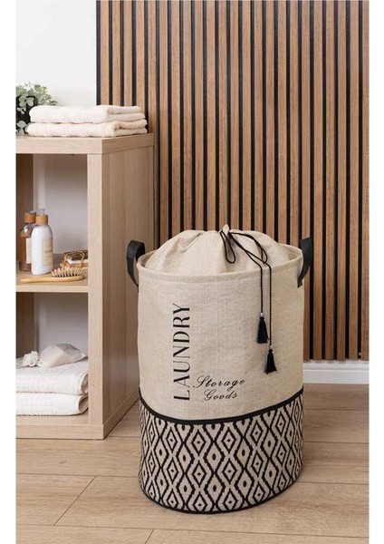 Bej Kumaş Büzgülü Katlanır Kirli Çamaşır Sepeti-Çocuk Oyuncak Düzenleyici Çok Amaçlı 35X35X50CM