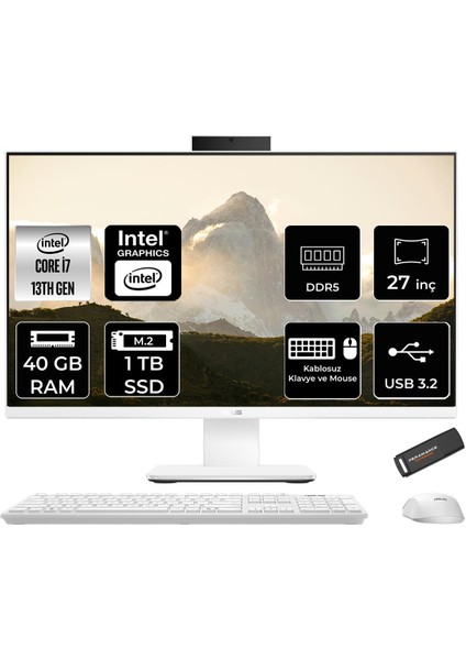 V470 Intel Core I7 13620H 40GB 1tb SSD 27" Fhd 100Hz Freedos All In One Bilgisayar & Per4 USB Bellek V470I716512W0DP323
