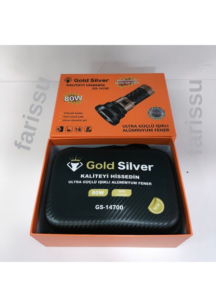 Gold Silver GS-14700 80W Şarjlı Avcı Feneri | 5000 Lümen | Alüminyum Gövde | 8000 Mah Pil