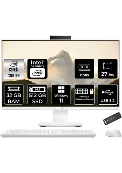 V470 Intel Core I7 13620H 32GB 512GB SSD 27" Fhd 100Hz Windows 11 Home All In One Bilgisayar & Per4 USB Bellek V470I716512W0DP357