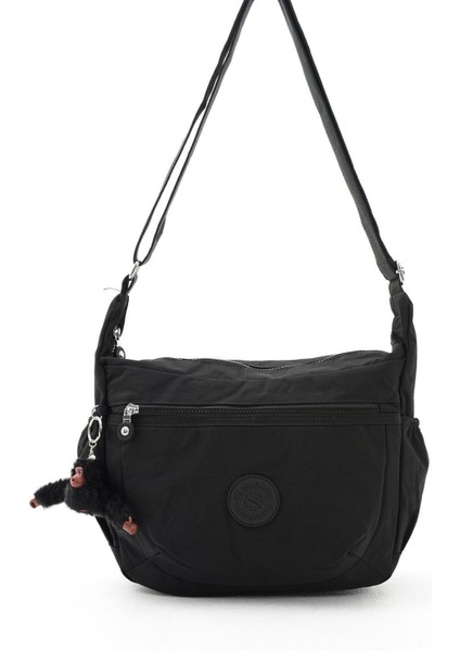 Unısex Suya Dayanıklı Krinkıl Kumaş Çapraz Siyah Renkli Günlük Okul Seyahat ve Omuz Çantası