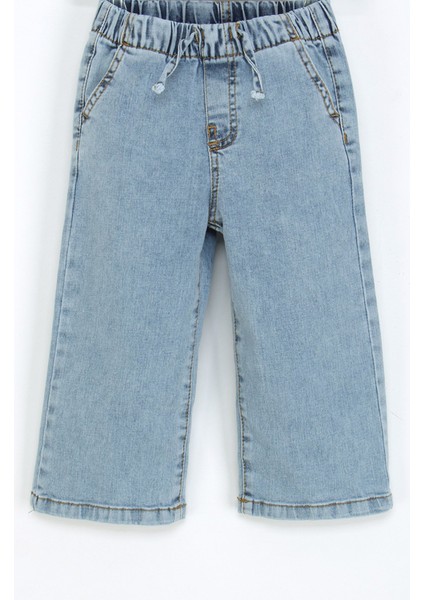 Kız Çocuk Beli Lastikli Kot Pantolon Geniş Paça Rahat Kalıp Jean