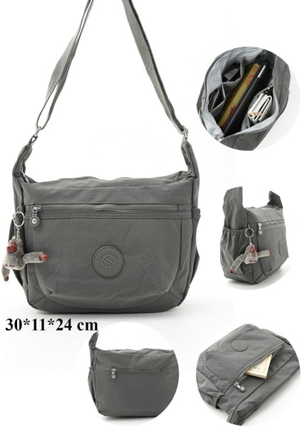 Unısex Suya Dayanıklı Krinkıl Kumaş Çok Gözlü Çapraz Koyu Gri Renkli Okul Seyahat ve Omuz Çantası