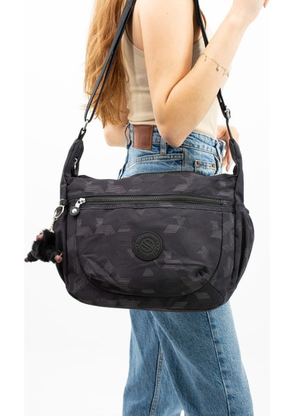 Unısex Suya Dayanıklı Krinkıl Kumaş Çapraz Günlük Siyah Desenli Okul Seyahat ve Omuz Çantası fiyatları