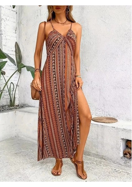 Kadın Ip Askılı Sırttan Çapraz Detaylı Yırtmaçlı Desenli Süprem Elbise