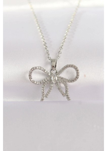 316L Çelik Zincir Gümüş Renk Zirkon Taşlı Fiyonk Kolye