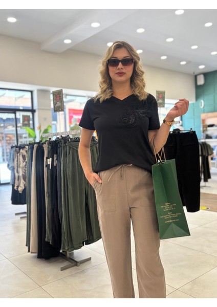 Kadın Cepli Beli Lastikli Boru Paça Pantolon
