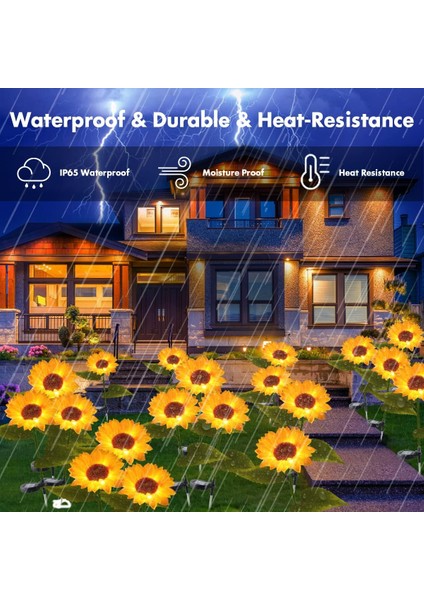 Solar Bahçe Işıkları Güneş Enerjili Ayçiçeği LED Aydınlatma 3 Yapraklı,solar Sunflower Lights(2 Adet)