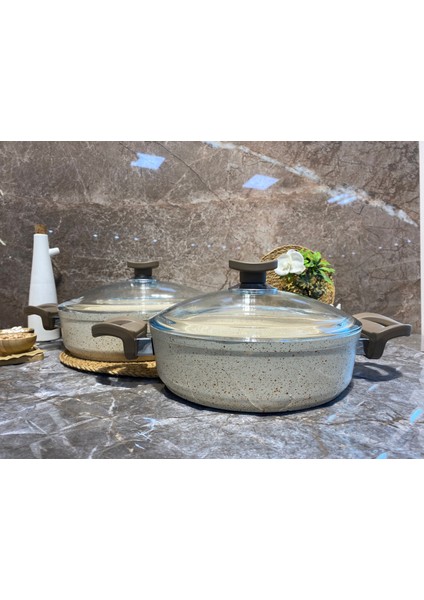 Granit 2'li Basık Tencere Bakalit Kulp (24-28 Cm) Krem