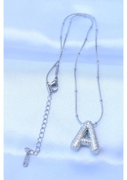 316L Çelik Zincirli Zirkon Taşlı A Harfli Gümüş Renk Bubble Kolye fiyatları