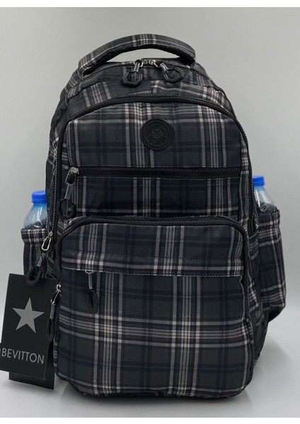 Suya Dayanıklı Okul Çantası Unisex Okul Sırt Çantası A3113 Ekose Siyah