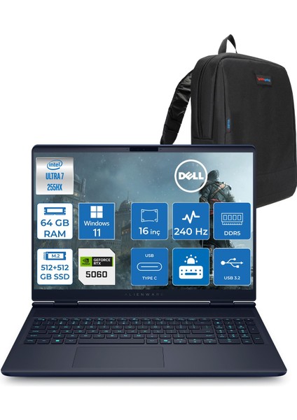 Alienware 16X Aurora Core Ultra 7 255HX Aı 64GB 512GB SSD+512GB SSD 8GB/RTX5060 Gddr7 115W 16" Wqxga 240Hz 500 Nits Windows 11 Home Taşınabilir Bilgisayar ZAC16251H26+ZETTAÇANTA