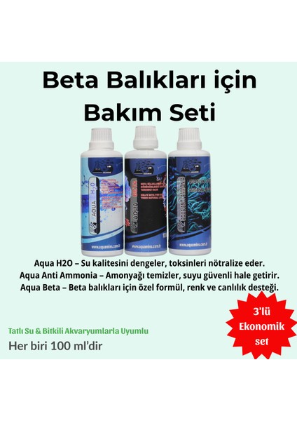 Beta Balığı Bakım Seti – Akvaryum Su Düzenleyici, Amonyak Giderici ve Renk Desteği (3X100 Ml)