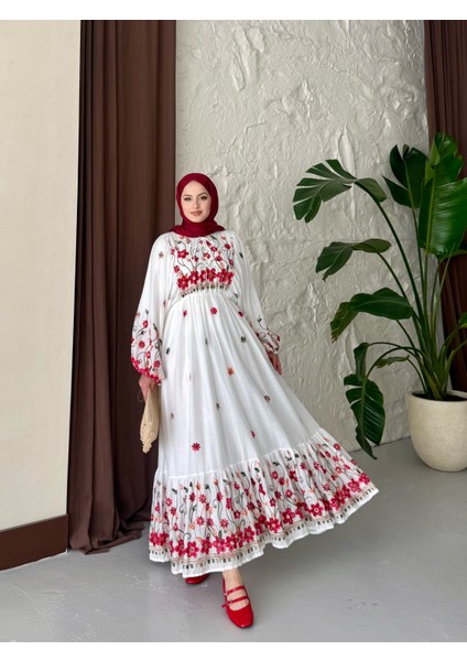 Pamuklu Kumaş Nakış İşlemeli İçi Astarlı Tesettür Elbise fiyatları