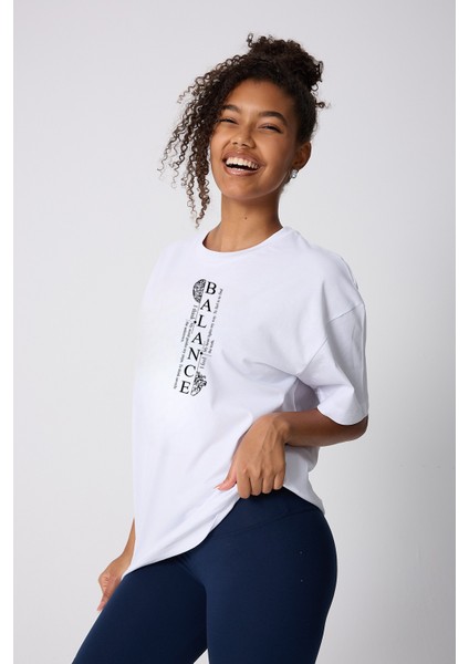 Balance Yazı Baskılı Oversize Pamuklu Kadın T-Shirt indirimleri