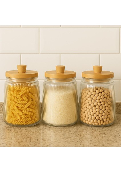 3'lü Bambu Kapaklı Yivli Kavanoz Seti 1300 ml