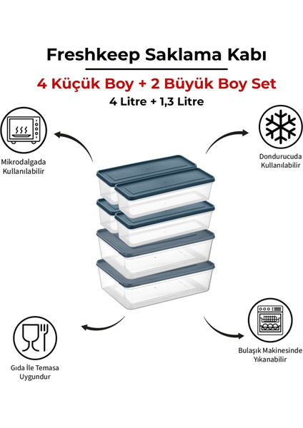 4 Adet 1,3 Litre ve 2 Adet 4 Litre Freshkeep 6lı Buzdolabı Organizer Mikrodalga ve Difrize Uygun Saklama Kabı