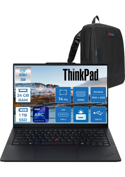 Thinkpad E14 Gen 7 Intel Core Ultra 7 255H Aı 24GB Ddr5 1tb SSD Intel® Arc™ 140T 14" Wuxga (1920X1200) IPS 300NITS IPS Freedos Taşınabilir BILG.T21SX007CTXF03+ZETTAÇANTA