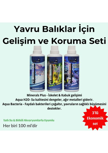 Yavru Balık Gelişim Seti – Akvaryum Su Düzenleyicisi, Mineral Desteği (3X100 Ml)
