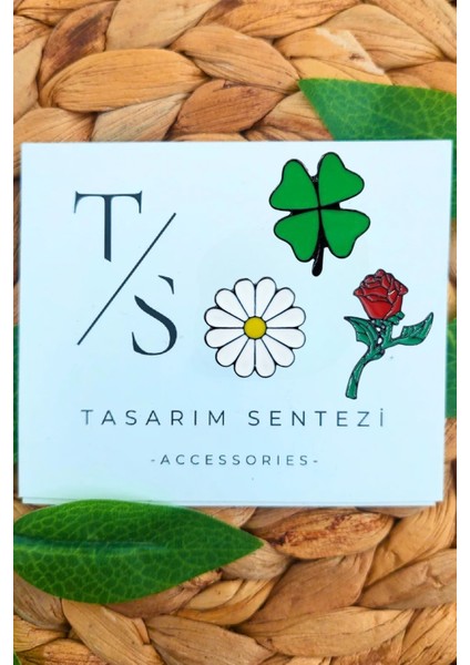 Rozet Metal Broş 3'lü Yonca Papatya Gül Çiçek Dal Yaka Okul Çanta Kıyafet Şapka Takı