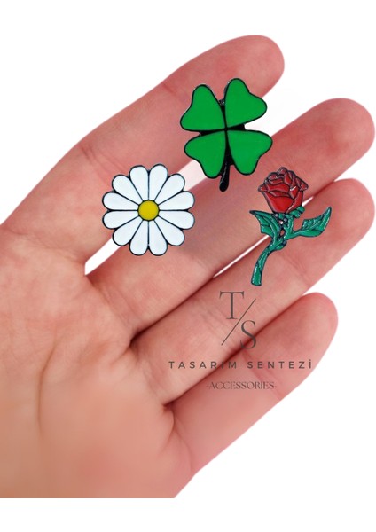 Rozet Metal Broş 3'lü Yonca Papatya Gül Çiçek Dal Yaka Okul Çanta Kıyafet Şapka Takı modelleri