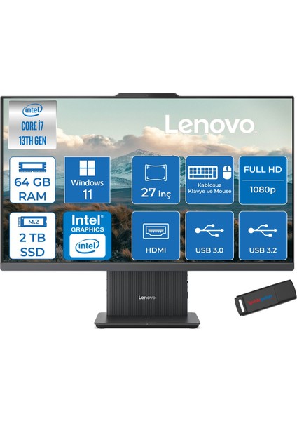 Ideacentre Aıo 27IRH9 Intel Core I7-13620H 64GB Ddr5 2tb SSD 27'' Fhd 300NITS IPS Windows 11 Pro All İn One Bilgisayar LF0HM00EUTRP29+ZETTAUSBBELLEK