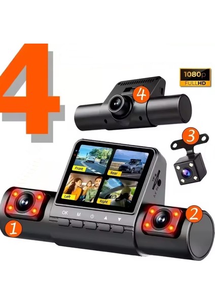 1080P Dash Cam Full Hd Araç Içi Kamera Ön Arka ve Iç Kayıt 4 Kamera Gece Görüşlü G Sensör Geniş Açı modelleri