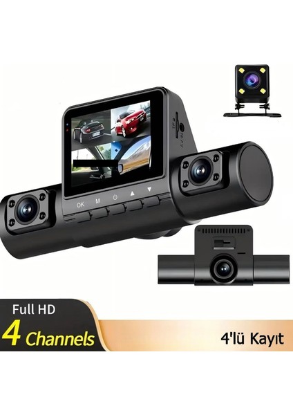 1080P Dash Cam Full Hd Araç Içi Kamera Ön Arka ve Iç Kayıt 4 Kamera Gece Görüşlü G Sensör Geniş Açı