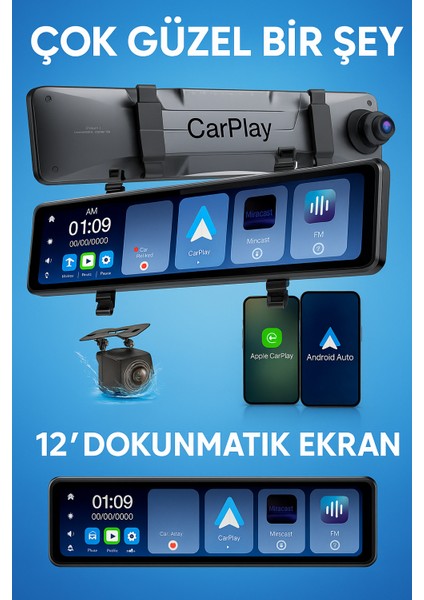12'' Dokunmatik Ekran Akıllı Dikiz Ayna Kamera – Carplay & Android Auto, 4K Çift Kamera