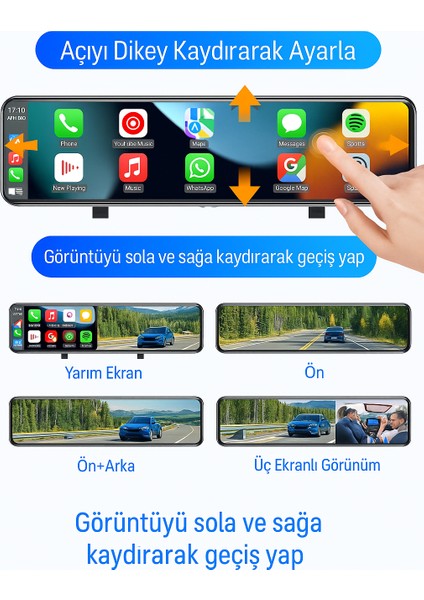 12'' Dokunmatik Ekran Akıllı Dikiz Ayna Kamera – Carplay & Android Auto, 4K Çift Kamera