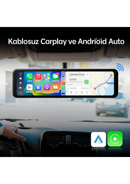 12'' Dokunmatik Ekran Akıllı Dikiz Ayna Kamera – Carplay & Android Auto, 4K Çift Kamera