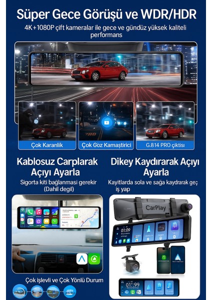 12'' Dokunmatik Ekran Akıllı Dikiz Ayna Kamera – Carplay & Android Auto, 4K Çift Kamera