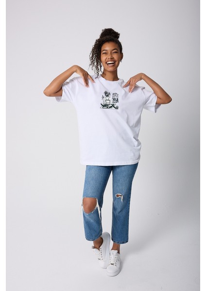 Just A Girl Yoga Tasarım Baskılı Oversize Pamuklu Beyaz Kadın T-Shirt modelleri