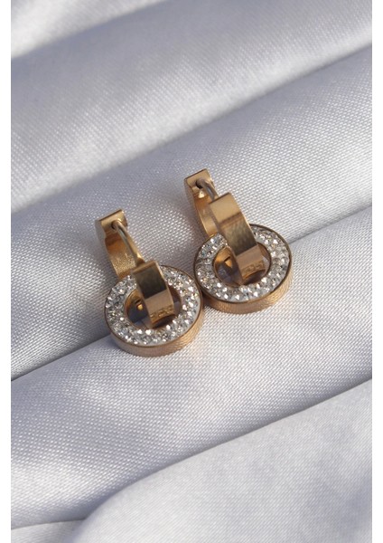 316L Çelik Gold Renk Zirkon Taşlı Iç Içe Geçmeli Oval Küpe fiyatları