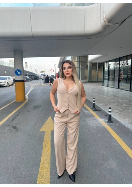 Yeni Sezon Yelek Pantolon Ikili Takım/kurdele Düğmeli Içi Astarlı Yelek Palazzo Pantolon fiyatları