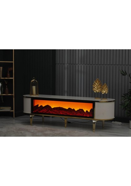 Dekoratif Elektrikli Yapay Şömine ve Tv Ünitesi 160 cm x 40 x 50 cm Kumandalı Bluetooth Ses Beyaz, Siyah, ve Kahverengi Renk